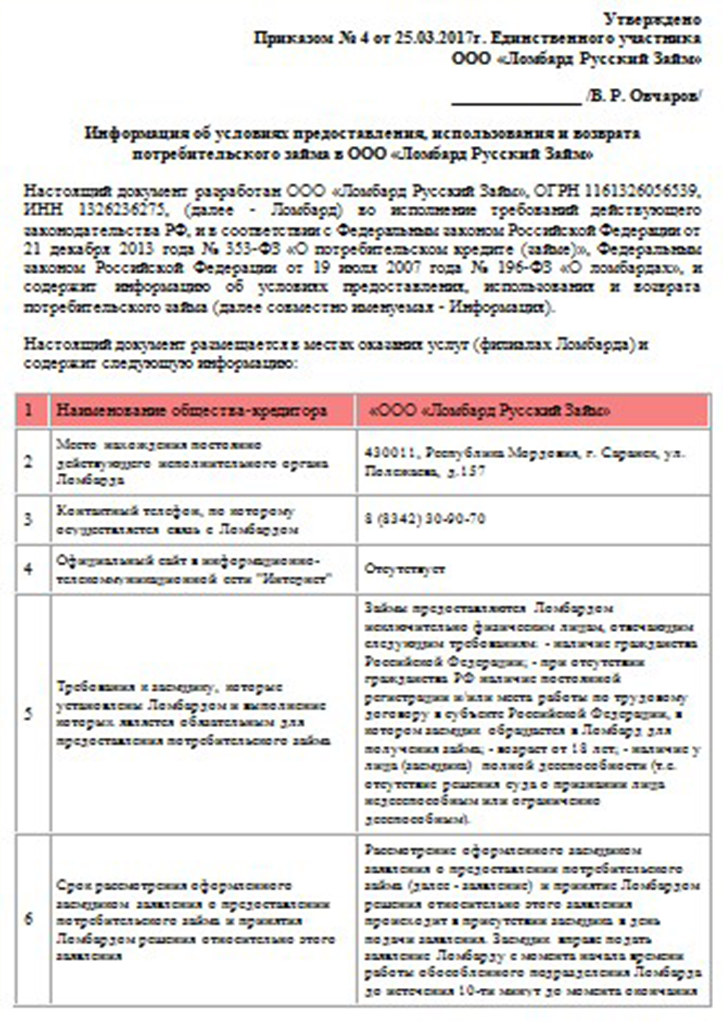Условия предоставления займа в Ломбарде Русский Займ